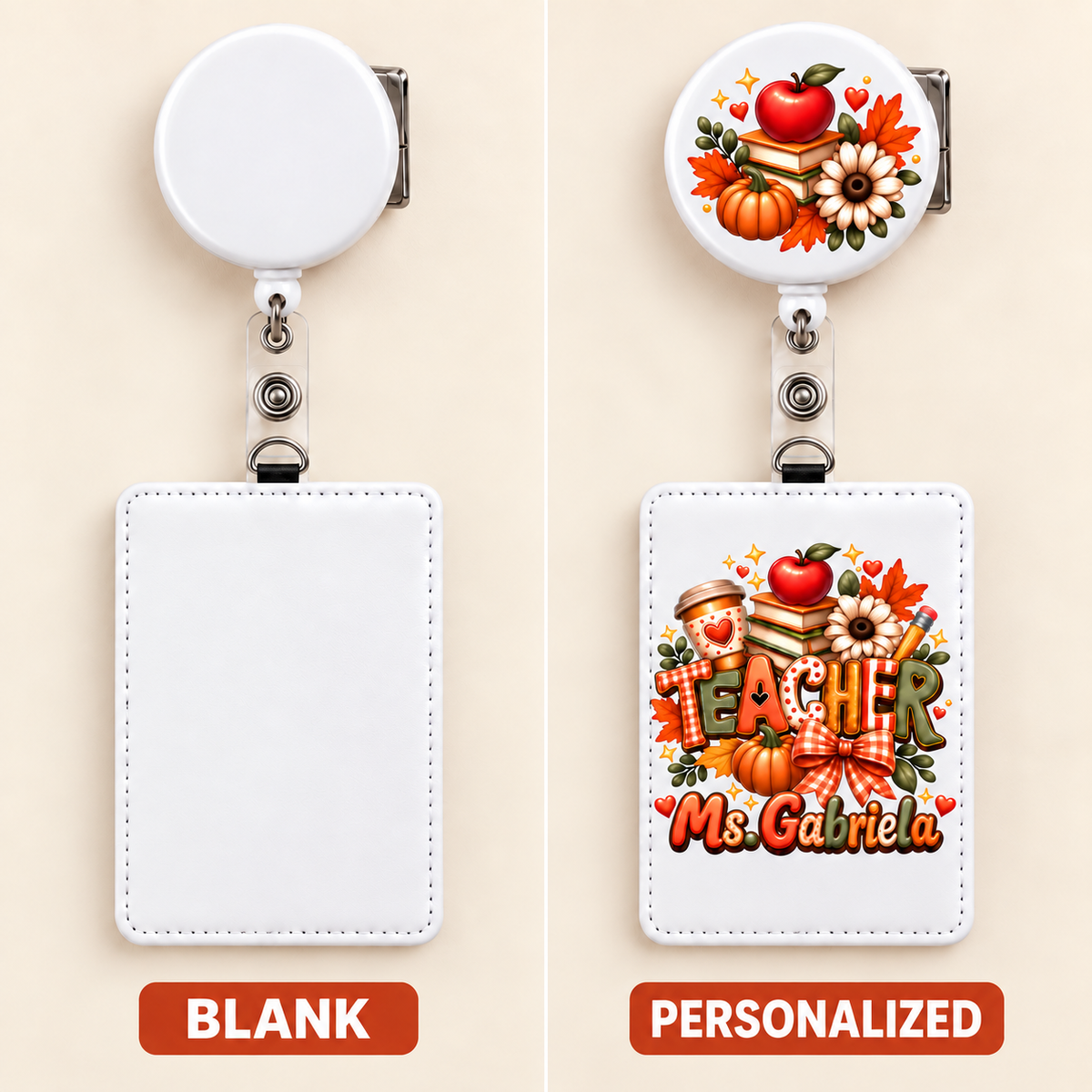Blank white badge holder and reel beside personalized holder and motif-only reel