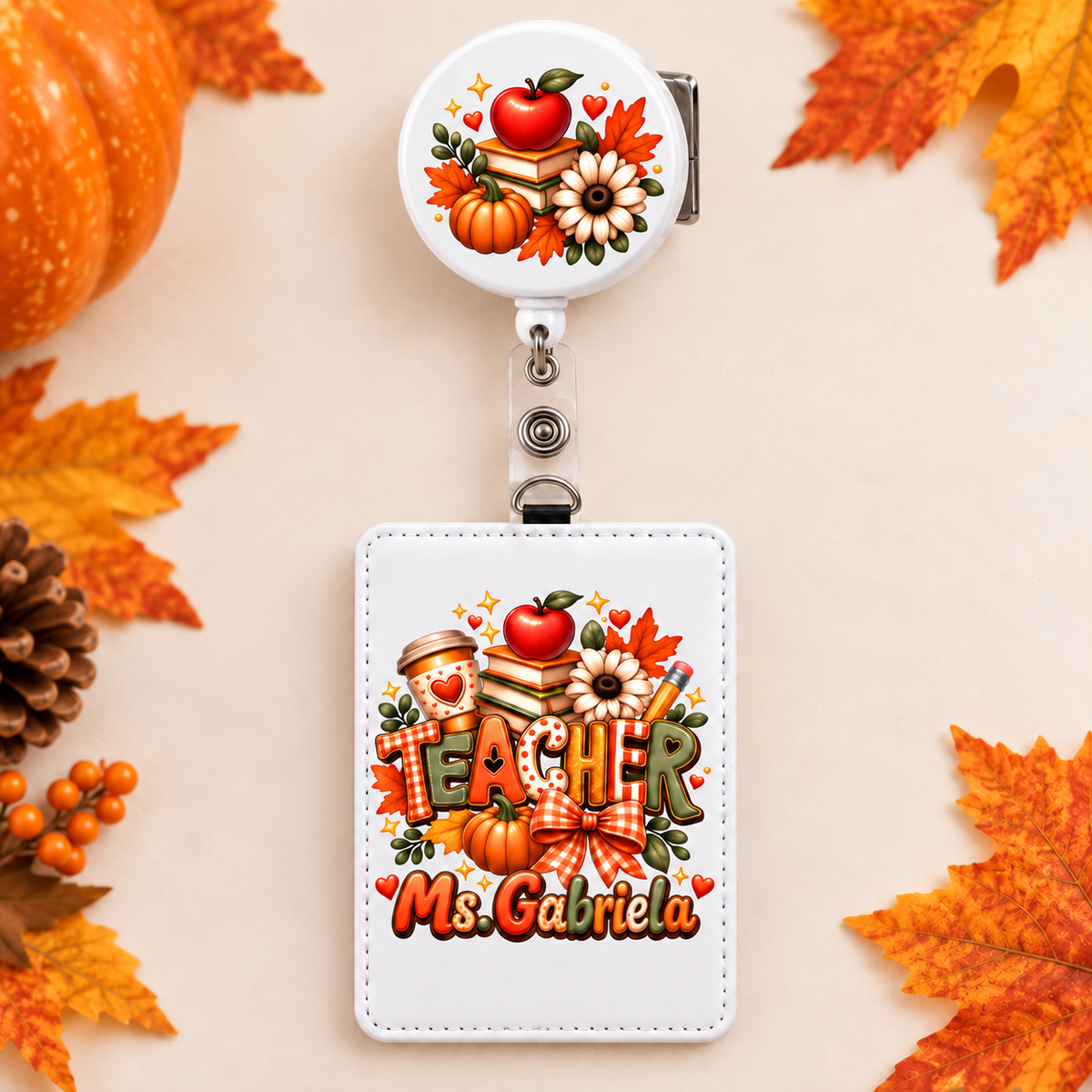 Personalized teacher ID badge holder with a coordinating retractable reel showing only the seasonal motif