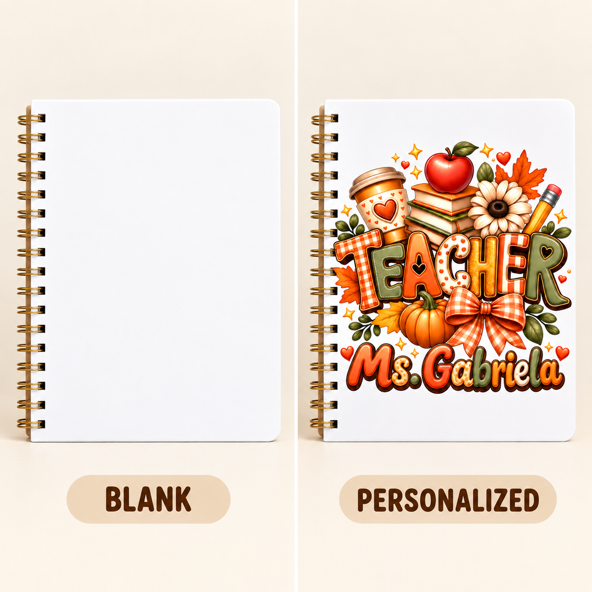 Square blank-to-personalized example of the autumn notebook teacher item; sample name shown