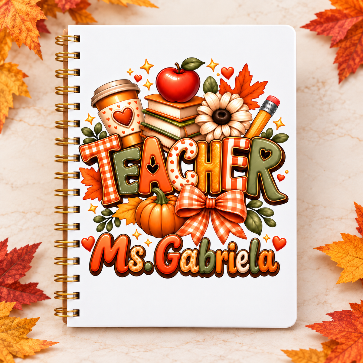 Square photo of the full personalized autumn teacher notebook; sample name shown