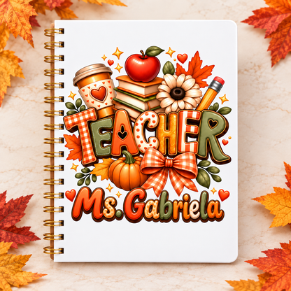 Square photo of the full personalized autumn teacher notebook; sample name shown