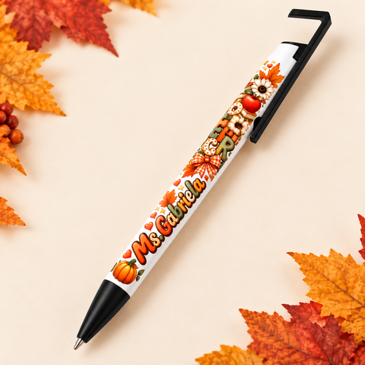 Actual white teacher pen with angular black clip and black grip, personalized sample