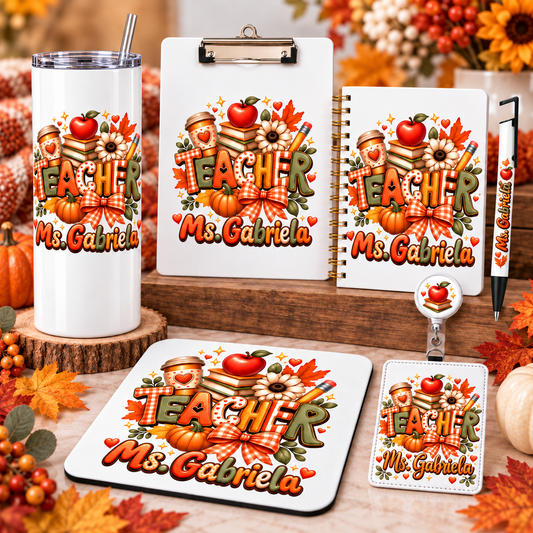 Seven-piece personalized teacher desk gift bundle including correct pen, reel and badge holder