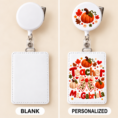 Blank white badge holder and reel beside personalized holder and motif-only reel
