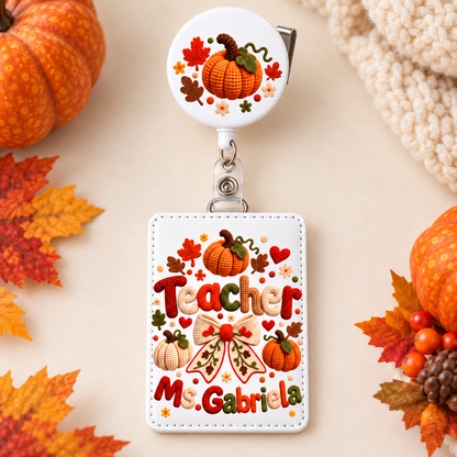 Personalized teacher ID badge holder with a coordinating retractable reel showing only the seasonal motif