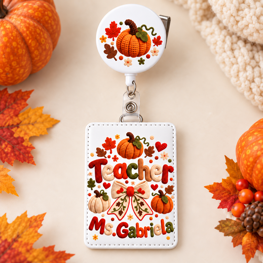 Personalized teacher ID badge holder with a coordinating retractable reel showing only the seasonal motif