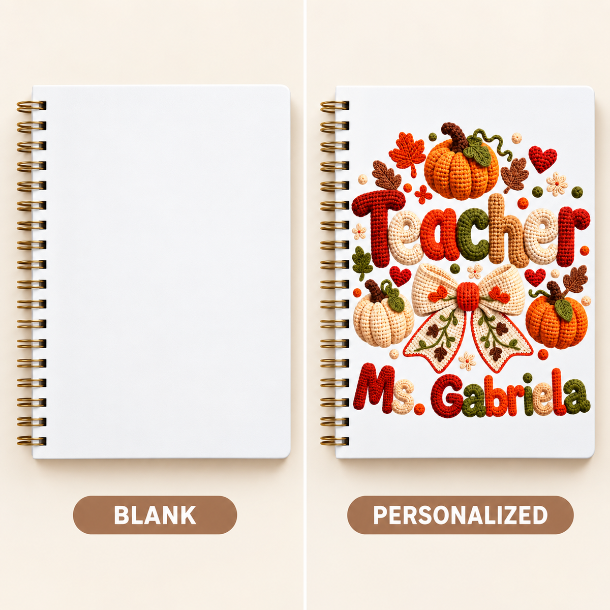 Square blank-to-personalized example of the crochet autumn notebook teacher item; sample name shown