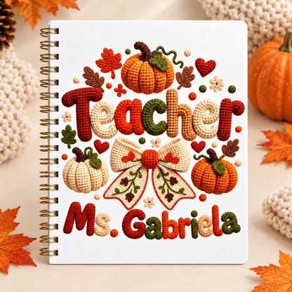 Square photo of the full personalized crochet autumn teacher notebook; sample name shown
