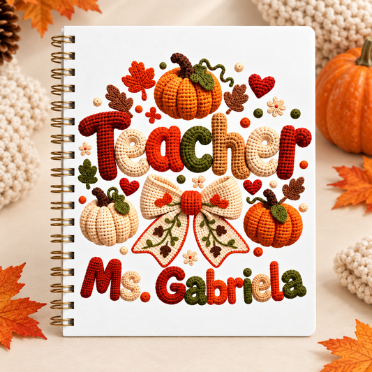 Square photo of the full personalized crochet autumn teacher notebook; sample name shown