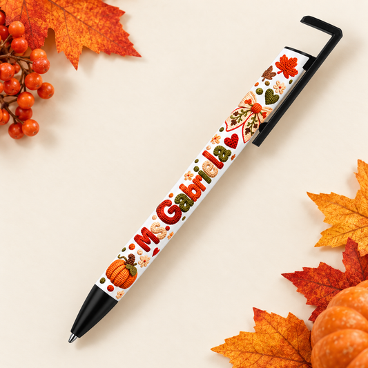 Actual white teacher pen with angular black clip and black grip, personalized sample