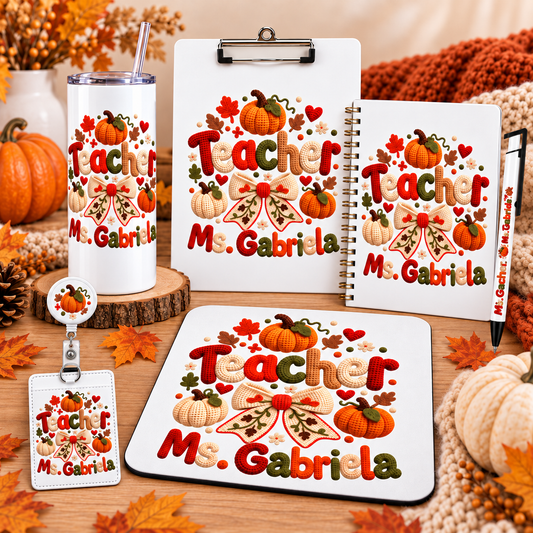 Seven-piece personalized teacher desk gift bundle including correct pen, reel and badge holder