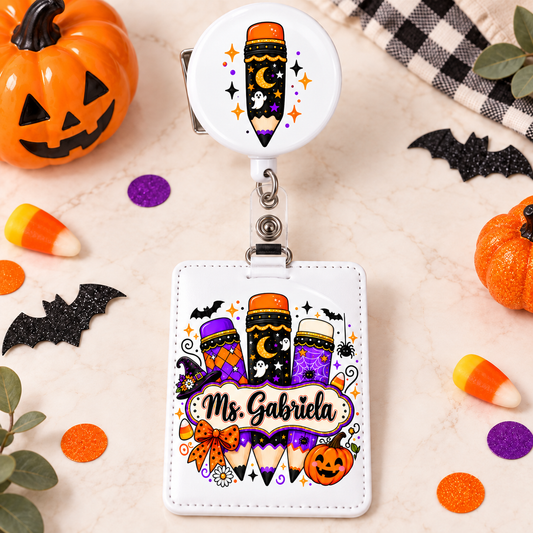 Personalized teacher ID badge holder with a coordinating retractable reel showing only the seasonal motif