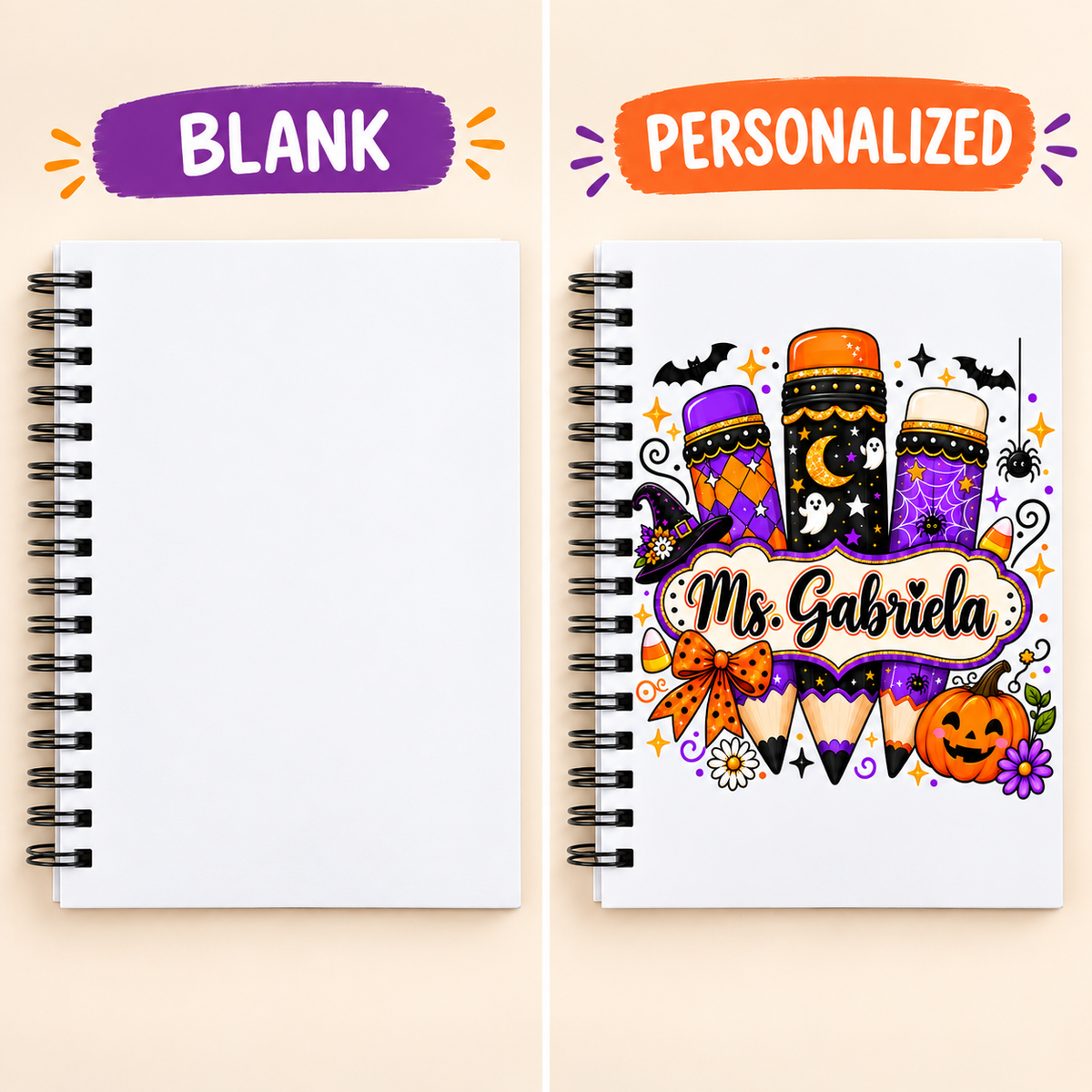 Square blank-to-personalized example of the halloween pencil notebook teacher item; sample name shown