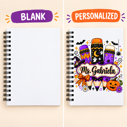 Square blank-to-personalized example of the halloween pencil notebook teacher item; sample name shown