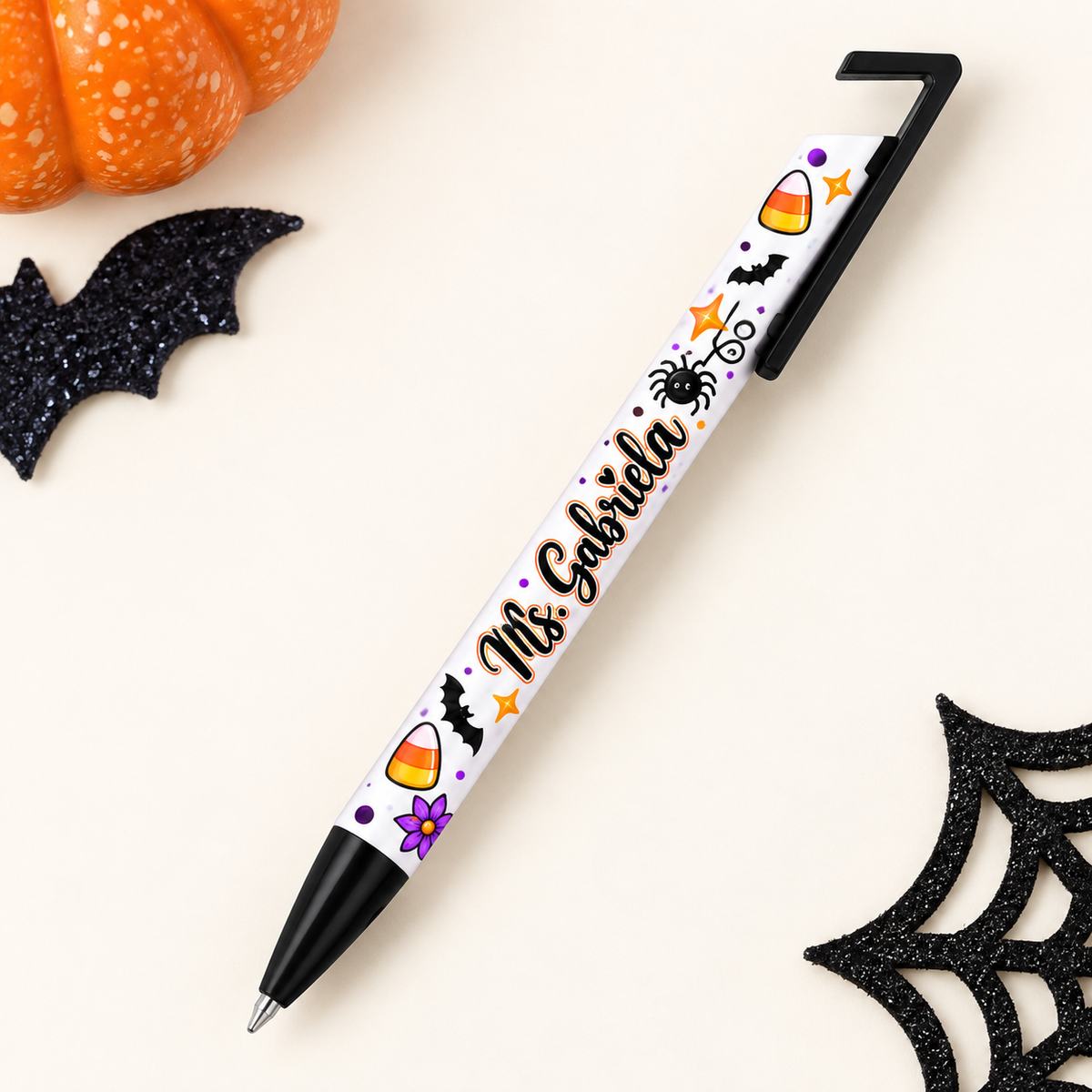 Actual white teacher pen with angular black clip and black grip, personalized sample