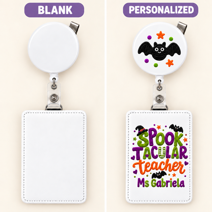 Blank white badge holder and reel beside personalized holder and motif-only reel
