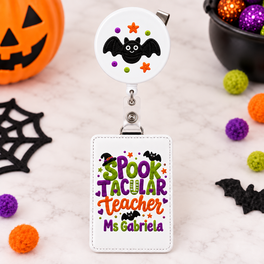 Personalized teacher ID badge holder with a coordinating retractable reel showing only the seasonal motif