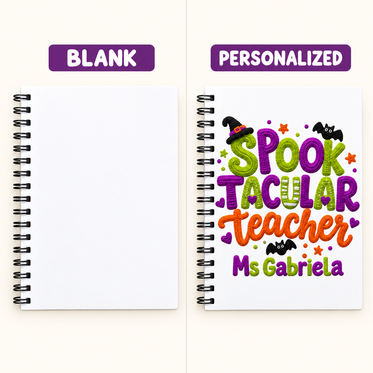 Square blank-to-personalized example of the spooktacular notebook teacher item; sample name shown
