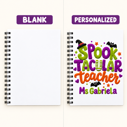 Square blank-to-personalized example of the spooktacular notebook teacher item; sample name shown