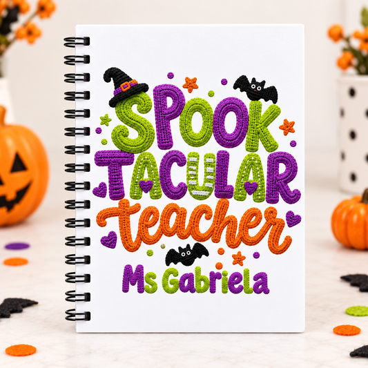 Square photo of the full personalized spooktacular teacher notebook; sample name shown