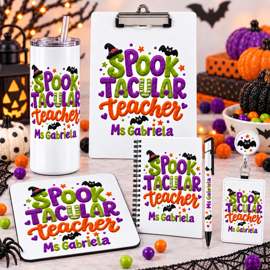 Seven-piece personalized teacher desk gift bundle including correct pen, reel and badge holder