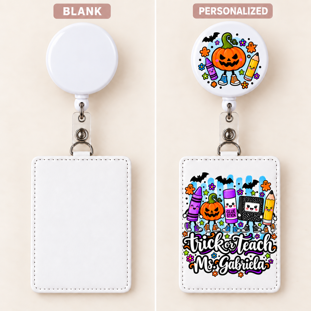 Blank white badge holder and reel beside personalized holder and motif-only reel