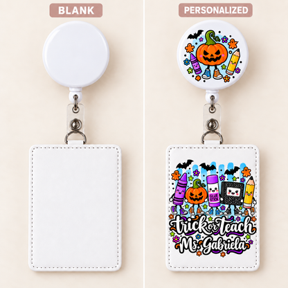 Blank white badge holder and reel beside personalized holder and motif-only reel