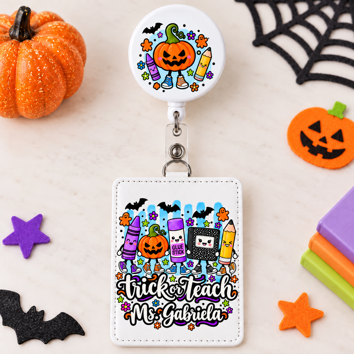 Personalized teacher ID badge holder with a coordinating retractable reel showing only the seasonal motif
