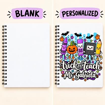 Square blank-to-personalized example of the trick or teach notebook teacher item; sample name shown