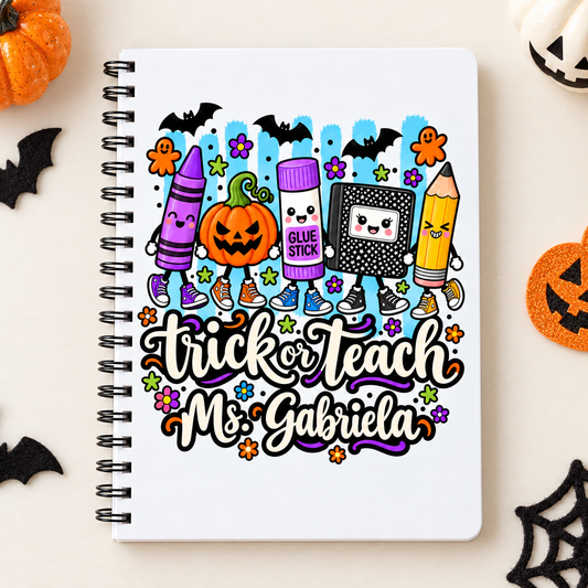 Square photo of the full personalized trick or teach teacher notebook; sample name shown