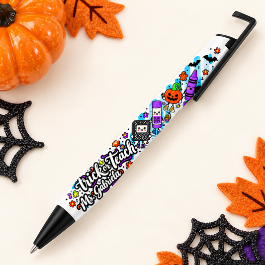 Actual white teacher pen with angular black clip and black grip, personalized sample