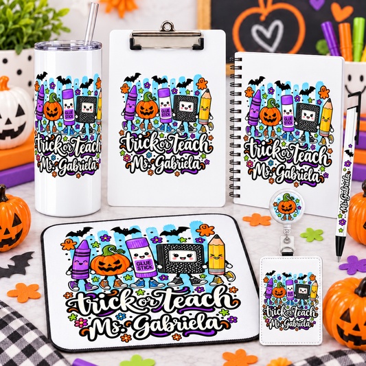 Seven-piece personalized teacher desk gift bundle including correct pen, reel and badge holder