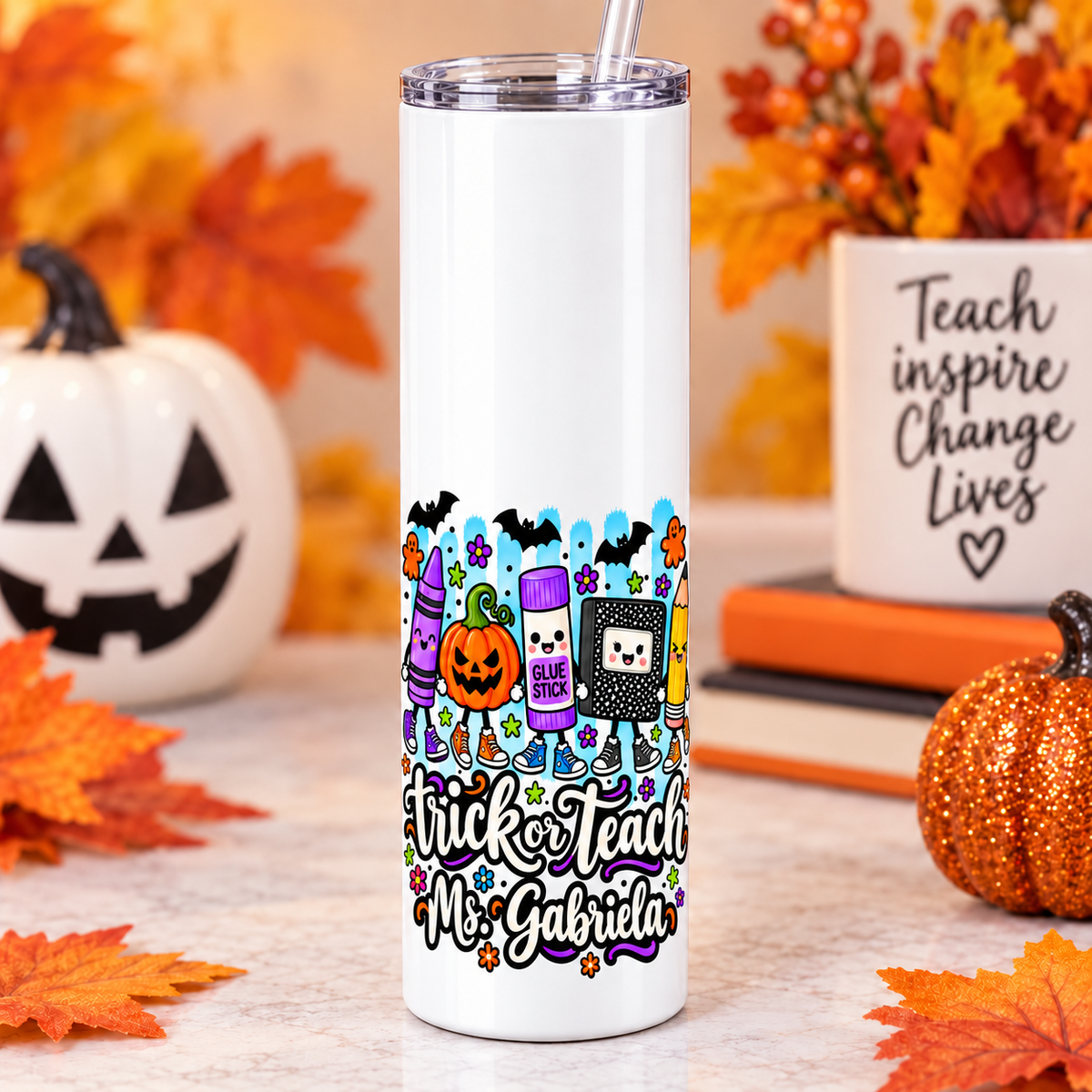 Personalized Trick or Teach 20 oz skinny tumbler with lower design placement