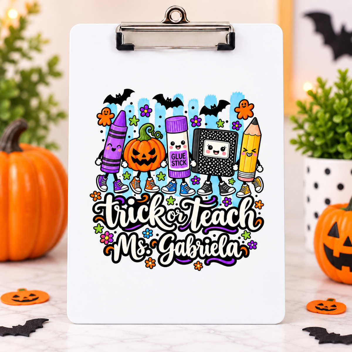 Personalized Trick or Teach teacher clipboard with custom name