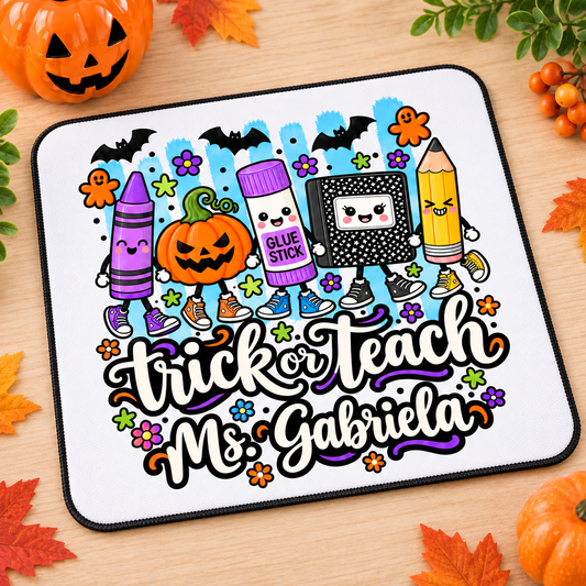 Personalized Trick or Teach teacher mouse pad with custom name