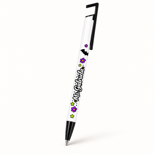 Trick or Teach personalized pen mockup with sample name Ms. Gabriela, black clip and small Halloween motifs