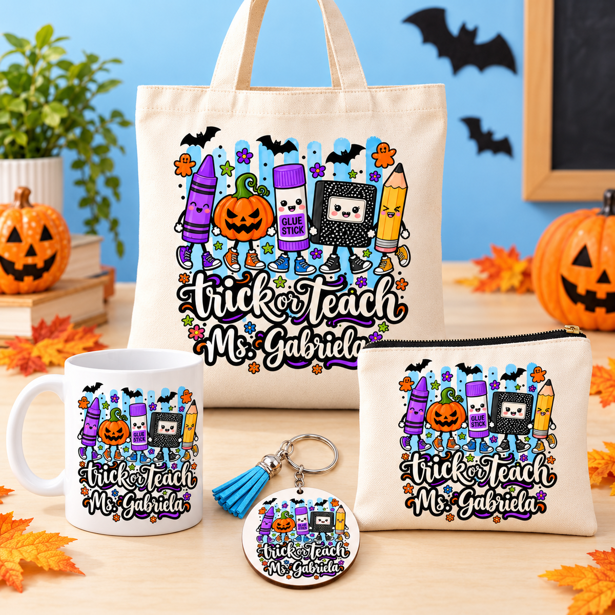 Four-piece trick-or-teach teacher set together